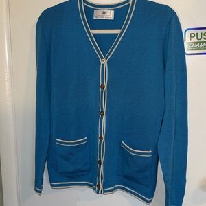 Ballantyne Made In Scotland Cardigan Blue wool Sweater Size 6 gold buttons